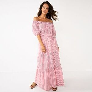 Draper James Red Stripe Off-Shoulder Tiered Maxi Dress XL